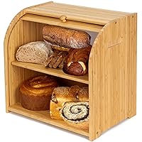Bamboo Bread Box for Kitchen Countertop, Double Layer Roll-top Bread Storage Boxes Food Keeper With Adjustable Middle Shelf