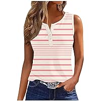 Women's Sleeveless Tank Tops Casual Striped Color Block Print Tops Blouses Summer Button Up Shirts Slim Tshirt Vest