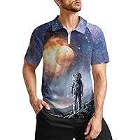 Space Hole Astronaut Men's Zippered Polo Shirt Casual Slim Fit Short Sleeve Golf T Shirts