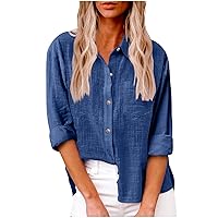 Lightning Deals Cotton Linen Button Down Shirts for Women Long Sleeve Collared Work Blouse Trendy Loose Fit Summer Tops with Pocket