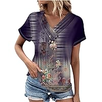 Womens Tops Trendy,Womens Tops Trendy Short Sleeve V Neck Pleated Button Going Out Tops for Women Casual Summer Blouse Casual Tops for Women