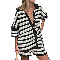 Lounge Sets for Women Striped Knit Set Color Block Button Top and Shorts Two Piece Loungewear
