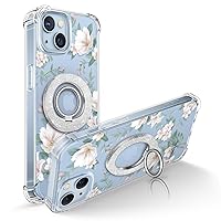 GVIEWIN Bundle - Compatible with iPhone 14 Floral Case (Magnolia/White) + Magnetic Phone Ring Holder (Silver)