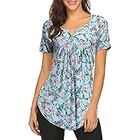 Halife Women's Floral Printed Short Sleeve Henley V Neck T-Shirt Pleated Casual Flowy Tunic Blouse Tops