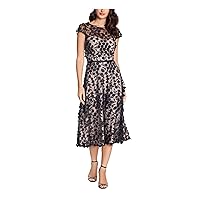 Xscape Womens Beige Zippered Floral Short Sleeve Boat Neck Midi Party Fit + Flare Dress Petites 6P