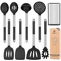 Silicone Cooking Utensil Set, 8Pcs Non-stick Cookware with Stainless Steel Handle, BPA Free Heat Resistant Kitchen Tools with Spatulas, Turners, Spoons, Skimmer and Pasta Fork