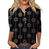 Women's Casual Tops Fashion Casual Round Neck 44989 Sleeve with Buttons Loose Christmas Printed Shirt Top, S-3XL