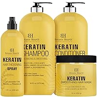 Botanic Hearth Keratin Thickening Spray (8 fl oz), Keratin Shampoo & Conditioner Set (16 fl oz each), and Keratin Serum (8 oz) Bundle