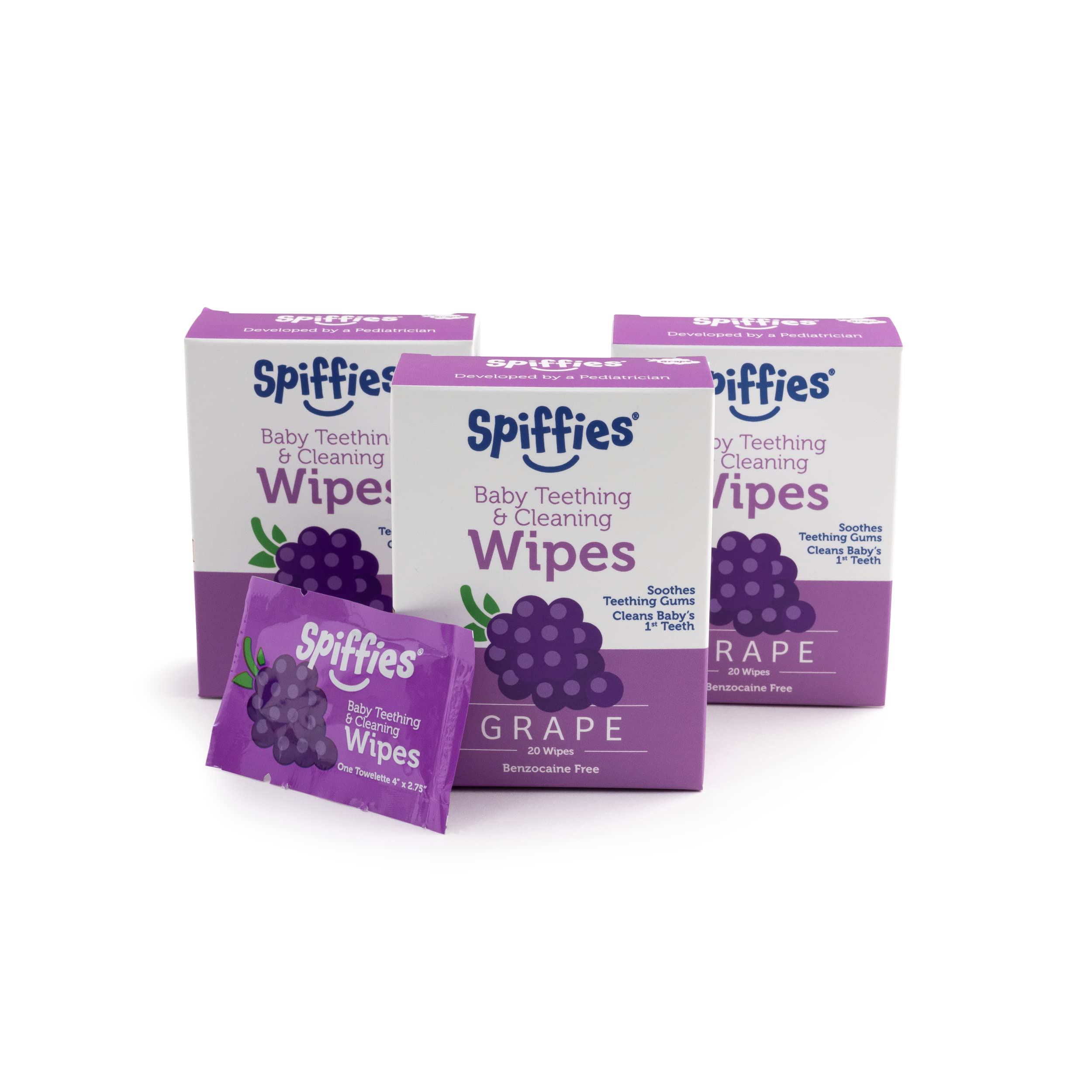 Spiffies Baby Oral Care Tooth Wipes - Gum & Teeth Wipe Tissues for Teething Relief & Cleaning Infant & Toddler Teeth - Baby Tooth Wipes w/Xylitol for Ages 0-12 Months & Up (Grape, 20 Count, 3 Pack)