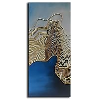 Tyed Art- Gold Line and Blue Texture Abstract Artwork 100percent Hand Canvas Wall Art Paintings Modern Home Decor Series of paintings Wall Decoration 24x48inch 24x48inch 60x120cm