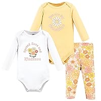 Hudson Baby baby-girls Unisex Baby Cotton Bodysuit and Pant Set, Peace Love Flowers, 9-12 Months