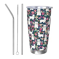 White Dog And Flowers Print Car Mug,Stainless Steel Insulated Mug,Office Supplies,Automotive Supplies