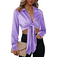Satin Blouses for Women Sexy Long Sleeve Silk Shirts Tie Front Deep V-Neck Wrap Crop Top