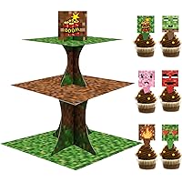 Mini Pixel Cupcake Stand 3 Tier Mining Birthday Party Supplies with 24pcs Cupcake Toppers Pixel Gaming Cupcake Dessert Holder for Pixelated Spiral Miner Crafting Party Decor Supplies