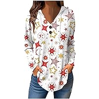 Women's Christmas Shirt Casual Fashion Print V Neck Long Sleeve Button Hoodie Tops, S-3XL