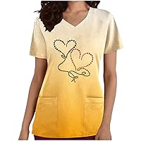 My Orders Heart Print Scrub-Tops Casual V Neck Work Uniform Short Sleeve Loose Fit Nurse Working Scrub-Shirts with Pockets Fall Shirt Women