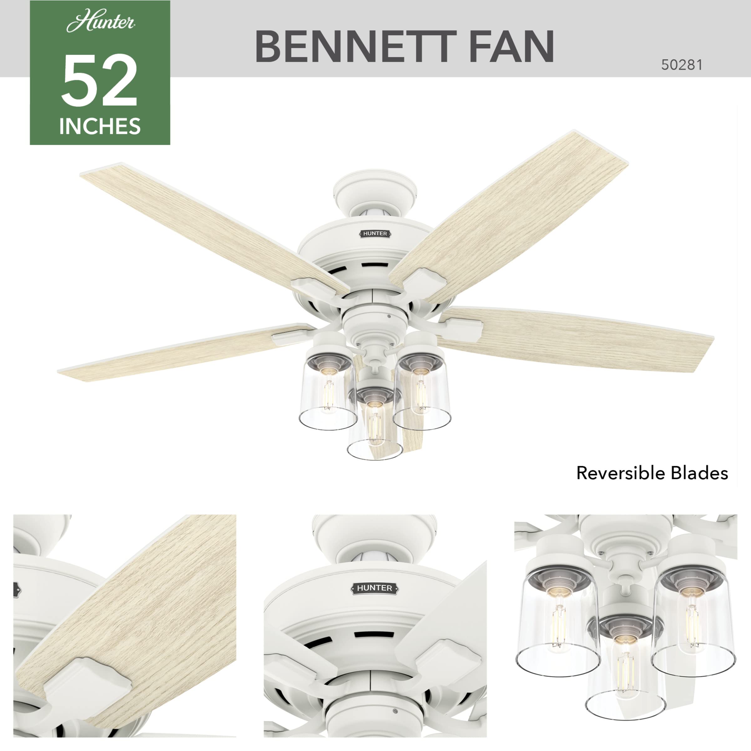 Hunter Fan Company 50281 Bennett Ceiling Fan, 52, Matte White Finish
