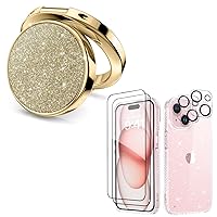 MIODIK Bundle - for iPhone 15 Plus Case Clear Glitter + Phone Ring Holder (Gold), with 2Pcs Screen Protector & 2Pcs Camera Lens Protector, Protective Shockproof for Women