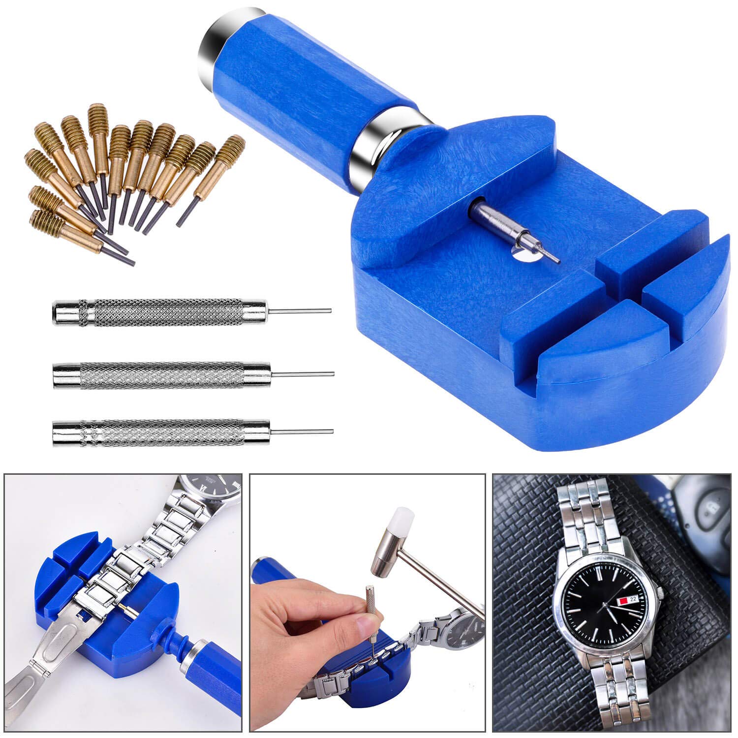cridoz Watch Link Removal Tool Kit, Watch Band Tool Chain Link Pin Remover with 12pcs Replacement Pins and 3pcs Pin Punches for Watch Bracelet Sizing, Watch Strap Adjustment and Watch Repair