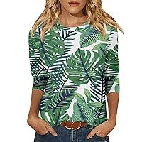 Women's Tropical Flower Printed Leaf top Round Neck 3/4 Sleeve Blouse Summer Beach Shirt and Tunic 2024