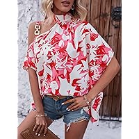 Women's Shirts Women's Tops Shirts for Women Floral Print Chain Detail Asymmetrical Neck Batwing Sleeve Blouse (Color : White, Size : Large)