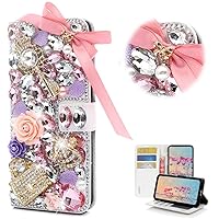 STENES Bling Wallet Case Compatible with LG K20 / LG K20 Plus - STYLISH - 3D Handmade Crystal Bowknot Key Rose Bag Crown Magnetic Wallet Design Leather Cover Case - Pink