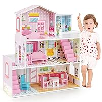 Costzon Wooden Dollhouse, 3-Story Semi-Open Dollhouse with Rich Simulated Rooms & Furniture Set, Ladders & Balcony, Preschool DIY Pretend Play Doll House Toy, Gift for Girls & Boys Ages 3+