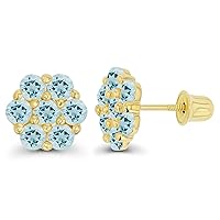 Solid 14K Gold 8mm Cluster Natural Birthstone Flower Screwback Stud Earrings For Women | 2.50mm Round Birthstone | 14K Gold Cluster Screwback Earrings For Women