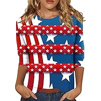 4th of July Shirts Women,Women Summer 3/4 Sleeve 4th of July Outfits Crewneck Blouses for Women Dressy Casual