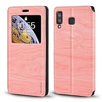 Samsung Galaxy A8 Star Case, Luxury Wood Grain Leather Case with Card Slot Notification Window Protective Magnetic Flip Cover for Samsung Galaxy A9 Star (Pink)