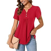 BISHUIGE Womens Casual Summer Top V Neck Loose Tunic Button Ruffle Sleeve Pleated Blouses
