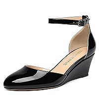 WAYDERNS Women's Round Toe Cut Out Buckle Ankle Strap Patent Wedge Low Heel Pumps Shoes 2 Inch