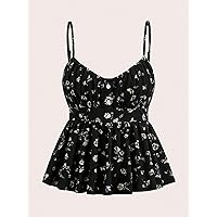 Women's Tops Women's Shirts Sexy Tops for Women Ditsy Floral Print Button Front Ruffle Hem Cami Top (Color : Black, Size : Small)