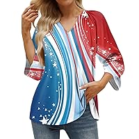 Women's Shirts Casual Summer, 3/4 Sleeve T Shirt V Neck Pullover Top 4Th of July Tops, S XXXL