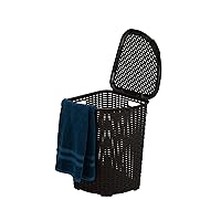 Plastic Corner Laundry Hamper with Lid, Curved Designed Laundry Basket, Triangle Brown Cloths Hamper Organizer with Cut-out Handles for Laundry Room Bedroom Bathroom, Wicker Design, 50 Liter