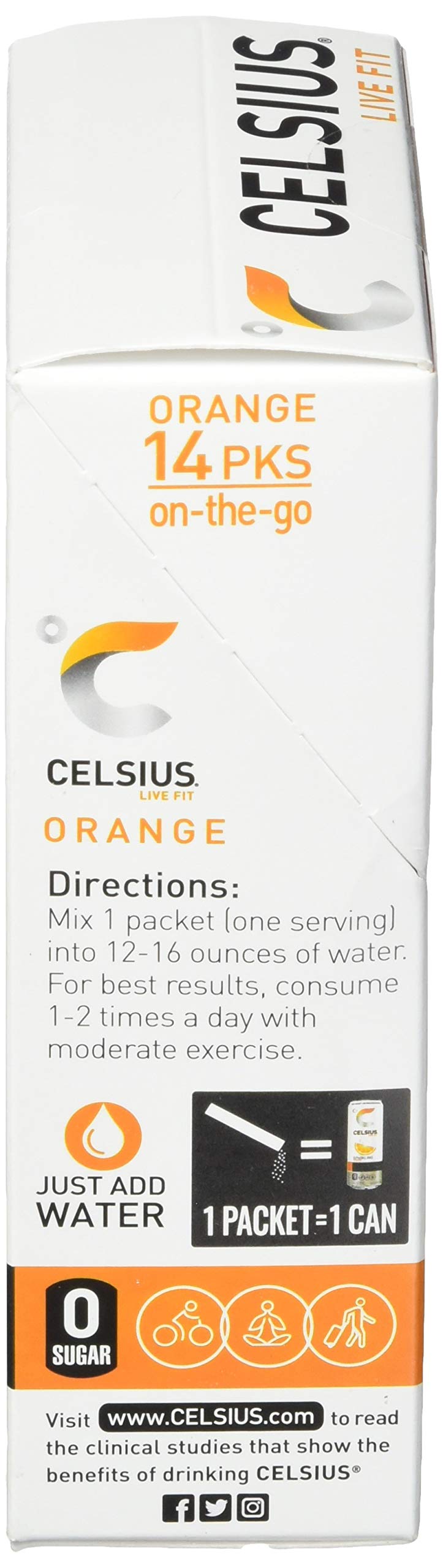 CELSIUS On-the-Go Powder Stick Zero Sugar, Orange, 2.6 Oz (14 Sticks per Pack)