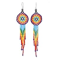NOVICA Handmade .925 Sterling Silver Glass Beaded Waterfall Earrings Huichol Multicolored from Mexico [4.7 in L x 1.2 in W] 'Colorful Huichol Circles'
