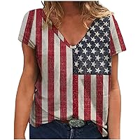 Women Distressed American Flag T-Shirt 4th of July Gift Shirts Summer Casual Short Sleeve V Neck Tops USA Flag Tee