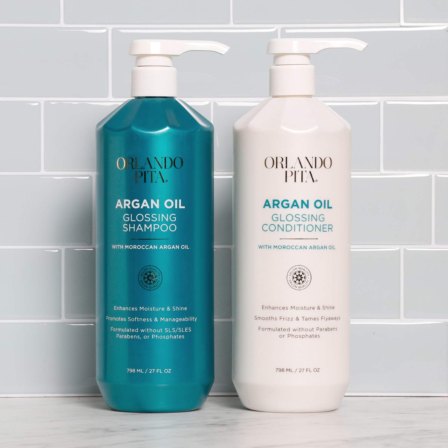 ORLANDO PITA Moroccan Argan Oil Glossing Shampoo & Conditioner Set, Moisturizing, Softening, & Shine-Enhancing for Smoother, More Manageable, & Overall Healthier Hair, 27 Fl Oz Each