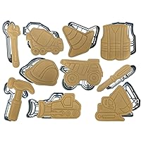 Construction Cookie Cutters - Set of 10 Cookie Cutters for Kids Birthday Party or Themed Parties - Includes Dump Truck, Cement Truck, tools, safety vest, excavator, bulldozer & others