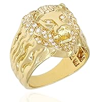 14K Yellow Gold Simulated Diamond Lion Face Signet Mens Ring
