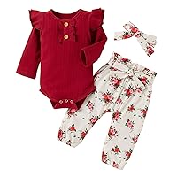Baby Christmas Clothes Infant Baby Girls Clothes Ribbed Ruffle Sleeves Romper Tops Floral Pants Baby (Wine, 3-6 Months)