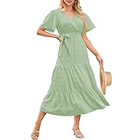 Summer Flowy Womens Dresses Boho Long Dress V Neck Short Sleeve Swiss Dot Dresses A Line Smocked Maxi Dresses for Women 2024