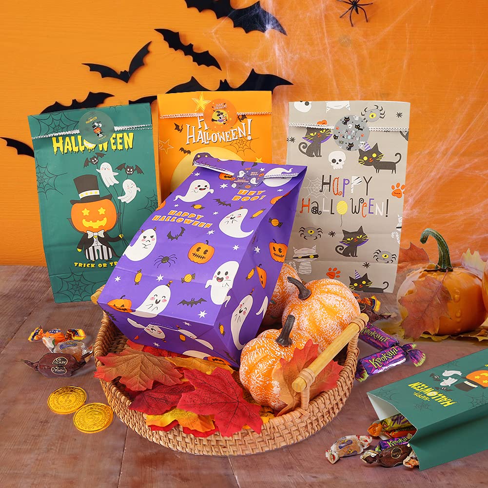 Starrky Halloween Paper Candy Bags, 24PCS Halloween Goodie Bags Bulk Paper Gift Bags Halloween Treat Bags with Stickers for Kids Party Favor