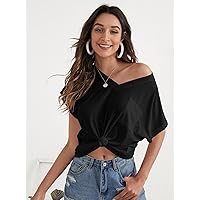 Women's Tops Shirts Sexy Tops for Women -Neck Patch Pocket Solid Tee Shirts for Women (Color : Black, Size : Medium)
