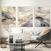 Gold Marble Wall Art 3 Pieces Beige and Gray Abstract Poster Prints Canvas Painting Framed Artwork for Home Bedroom Decoration with Inner Frame
