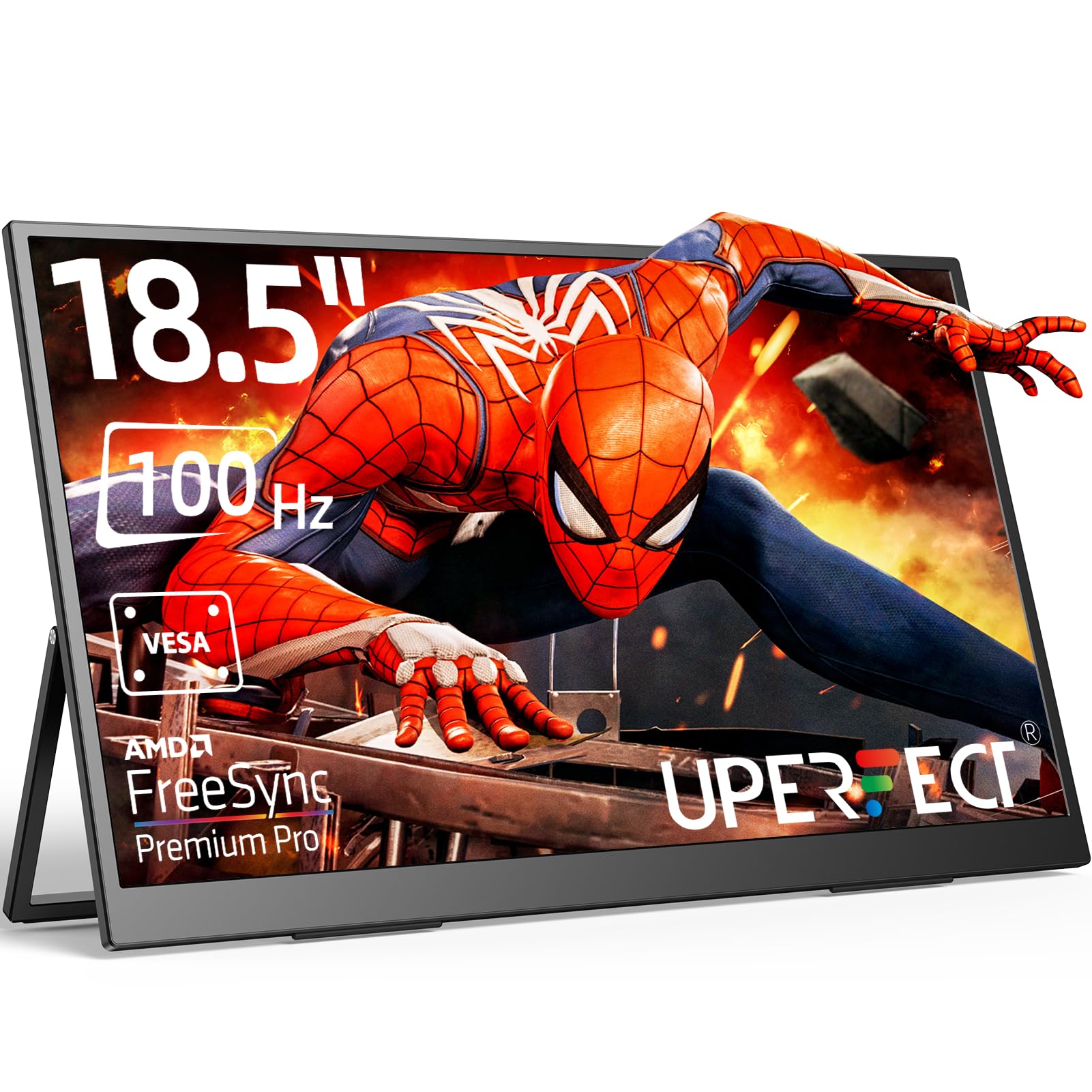 UPERFECT Portable Monitor 18.5 inch 100HZ 100% sRGB 1080P with VESA & Stand 180° Adjustable Ultra-Slim & Lightweight Frameless FHD FreeSync IPS HDR Gaming Display, Travel Second Monitor for Laptop