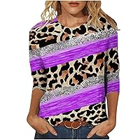 Womens 3/4 Sleeve Color Block Leopard Fashion T-Shirts Summer Casual Loose Fit 2023 New Crewneck Tee Tops