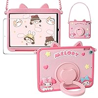 for iPad 9th 8th 7th Generation Case for Kids Girls with Screen Protector Rotating Stand Lanyard Pencil Holder Cute Silicone Full Body Protective Tablet Cover for iPad 10.2 2021/2020/2019