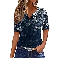 Classic Spring Flowly Tunic Women Short Sleeve Seaside Light V Neck Shirt for Women Printing Buttons Polyester Blue M